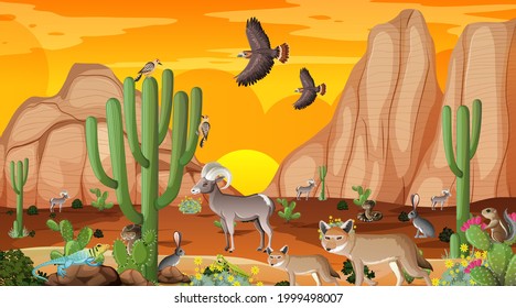 Desert forest landscape at sunset time scene with wild animals illustration