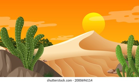 Desert forest landscape at sunset time scene with many cactuses illustration
