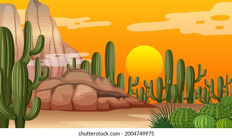 Desert forest landscape at sunset time scene with many cactuses illustration