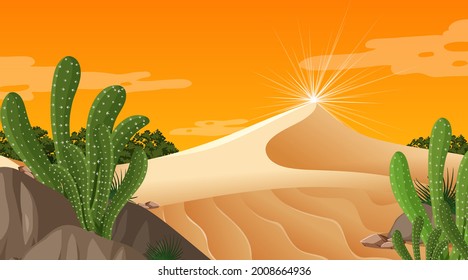 Paisaje forestal del desierto al atardecer con muchas ilustraciones de cactús