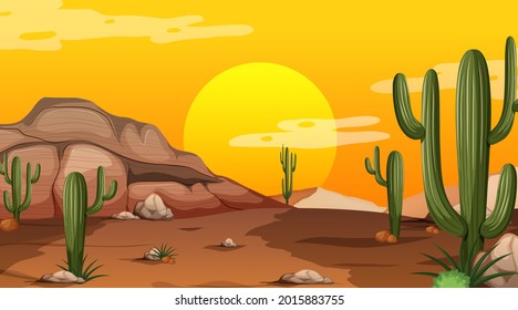 Desert forest landscape at sunset time scene with many cactuses illustration