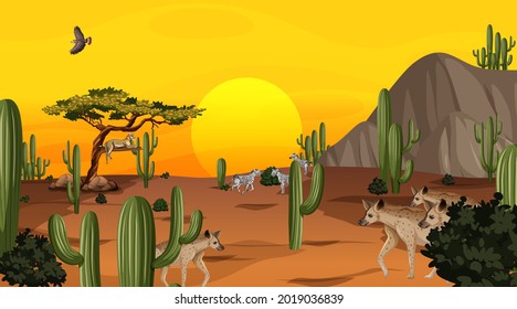 Paisaje forestal del desierto al atardecer con ilustración de animales salvajes