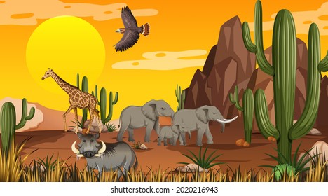 Desert forest landscape at sunset time scene with wild animals illustration