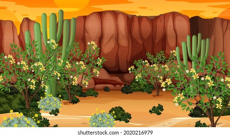 Desert forest landscape at sunset time scene with many cactuses illustration