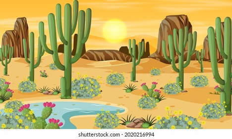 Paisaje forestal del desierto al atardecer con ilustración de oasis