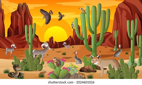 Desert forest landscape at sunset time scene with wild animals illustration