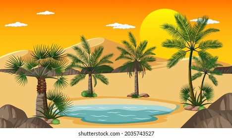 Desert forest landscape at sunset time scene with oasis illustration