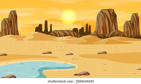 Paisaje forestal del desierto al atardecer con ilustración de oasis