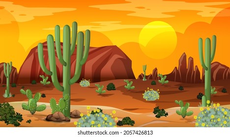 Desert forest landscape at sunset time scene with many cactuses illustration