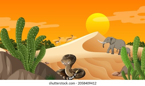 Desert forest landscape at sunset time scene with wild animals illustration