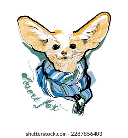 desert fox with big ears with a scarf flat colorful vector illustration