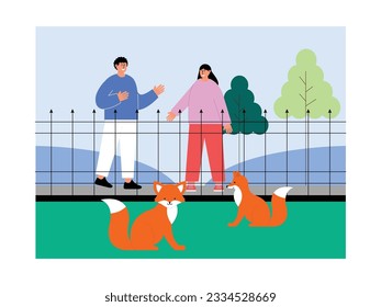 Desert fox roaming in a cage, there are two visitors, a boy and a girl, zoo vector illustration.