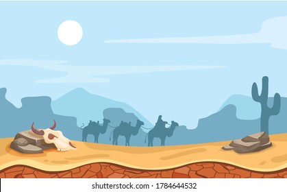 Desert game landscape background with camels and sand flat vector illustration