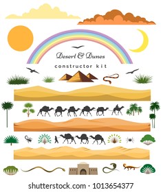 Desert game set. Vector cartoon desert scenery constructor kit with dunes and mountains, camels and cacti for games landscape