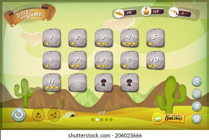 Desert Game User Interface Design For Tablet/ Illustration of a funny cartoon mexican western desert graphic game user interface background, with basic buttons, status bar, for wide screen tablet