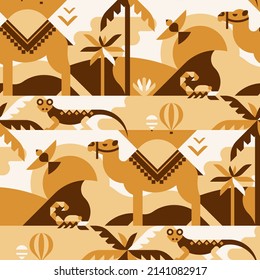 Desert geometric vector seamless pattern with camel, lizard, scorpion. Perfect for fabric, textile, wallpaper.