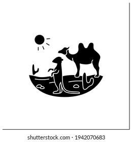 Desert glyph icon. Camel and suricat on desert landscape. Cactus, sun, summer. Wild nature, animals. Biodiversity concept.Filled flat sign. Isolated silhouette vector illustration