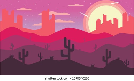 Desert In Gradient Colors. Landscape With Rocky Mountains, Cactus Plants And Sunset.