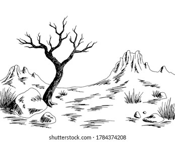 Desert Graphic Black White Landscape Dead Tree Sketch Illustration Vector