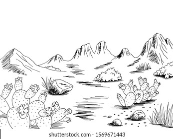 Desert graphic black white Wild West landscape sketch illustration vector