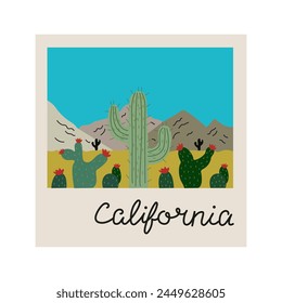 Desert with green blooming cacti picture, California photo picture, vintage Travel Posters