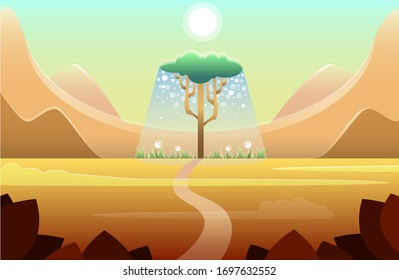Desert with a green tree, an oasis among the desert. Desert landscape with an oasis, tree, grass and flowers. Brown landscape, mountains, hills and tree.