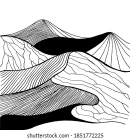 Desert. Hand-drawn sketch. Black and white. Abstract dune. Vector illustration, isolated on white