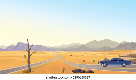 Desert Highway With Car Broad View Of Desert And Empty Tree Blue Sky Dry Land.