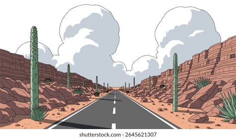 Jornada pela estrada do deserto sob o céu nublado