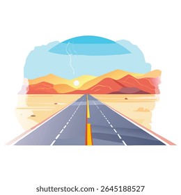 Desert highway landscape illustration with mountains and sunset for travel and adventure themes