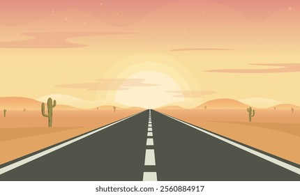Desert Highway Road Background Vector, Perspective Road Background, Sunrise Desert Landscape Illustration