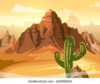 Desert hills, cactus near big mountain. Vector yellow background illustration. Western mountain desert panorama, natural mountain and green cactus