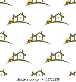 Desert home seamless pattern background. Vector graphic illustration