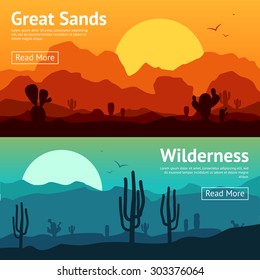 Desert horizontal banner set with cactus plants isolated vector illustration