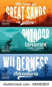 Desert horizontal banner set. Wild nature landscapes with cactus, herbs, clouds and mountains vector illustration.