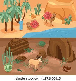 Desert horizontal banners set with camel and oasis isolated isometric vector illustration
