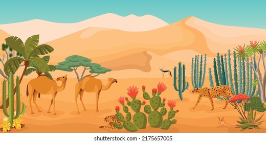 Desert horizontal poster with camels leopards cartoon characters at sandy dunes and cacti landscape vector illustration