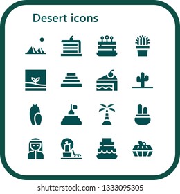 desert icon set. 16 filled desert icons.  Collection Of - Pyramids, Cake, Cactus, Pyramid, Island, Bedouin, Landscape