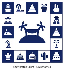 Desert Icon Set. 17 Filled Desert Icons.  Simple Modern Icons About  - Cactus, Cake, Desert, Island, Pharaoh, Bedouin, Pyramid, Landscape, Birthday Cake