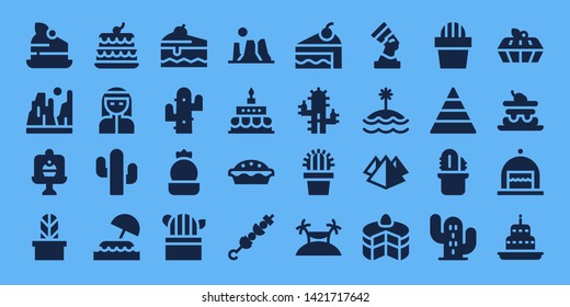 Desert Icon Set. 32 Filled Desert Icons. On Blue Background Style Simple Modern Icons About  - Cake, Canyon, Cactus, Bedouin, Island, Birthday Cake, Brochette, Pharaoh, Pyramid