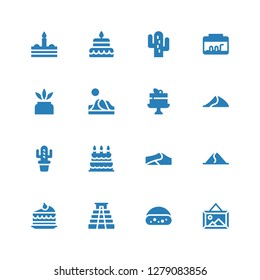 desert icon set. Collection of 16 filled desert icons included Landscape, Cake, Pyramid, Dune, Dunes, Birthday cake, Cactus, Terrarium