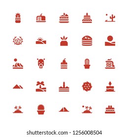 desert icon set. Collection of 25 filled desert icons included Birthday cake, Island, Dune, Cactus, Cake, Tumbleweed, Oasis, Pyramid, Camel, Desert
