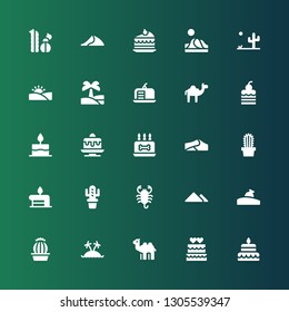desert icon set. Collection of 25 filled desert icons included Cake, Camel, Island, Cactus, Relics, Pyramid, Scorpion, Birthday cake, Dunes, Oasis, Desert, Dune