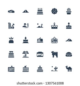 desert icon set. Collection of 25 filled desert icons included Dromedary, Desert, Cake, Camel, Terrarium, Island, Dune, Landscape, Cactus, Hill, Tumbleweed, Birthday cake, Dunes