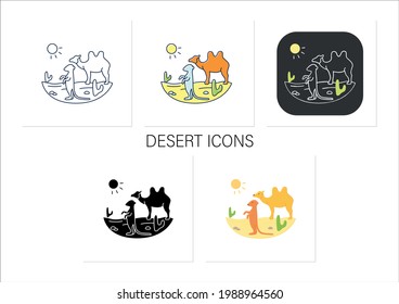 Desert icons set. Camel and suricat on desert landscape. Cactus, sun, summer. Wild nature, animals. Biodiversity concept. Isolated vector illustration on chalkboard