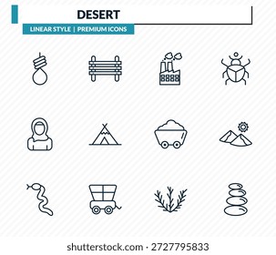 desert icons set - noose, paddock, industry, dunes, stones outline vector collection.
