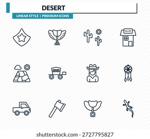 desert icons set - prefect, saddle, desert tree, dream catcher, lizard outline vector collection.