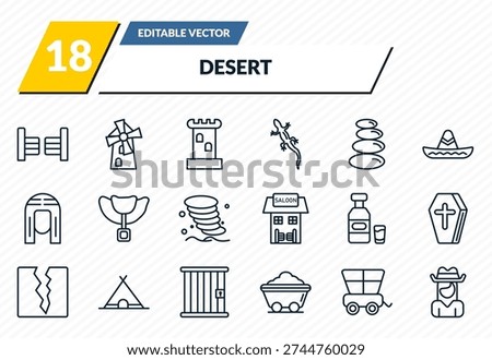 desert icons set - saloon, mill, tower, cowboy cart, cowgirl outline vector collection.