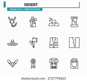 Conjunto de iconos del desierto - escorpión, molino, lingotes, grieta, colección de Vector de contorno de Cleopatra.