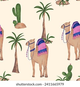 Desert illustration camel, cactus plant and palm tree ornament seamless pattern